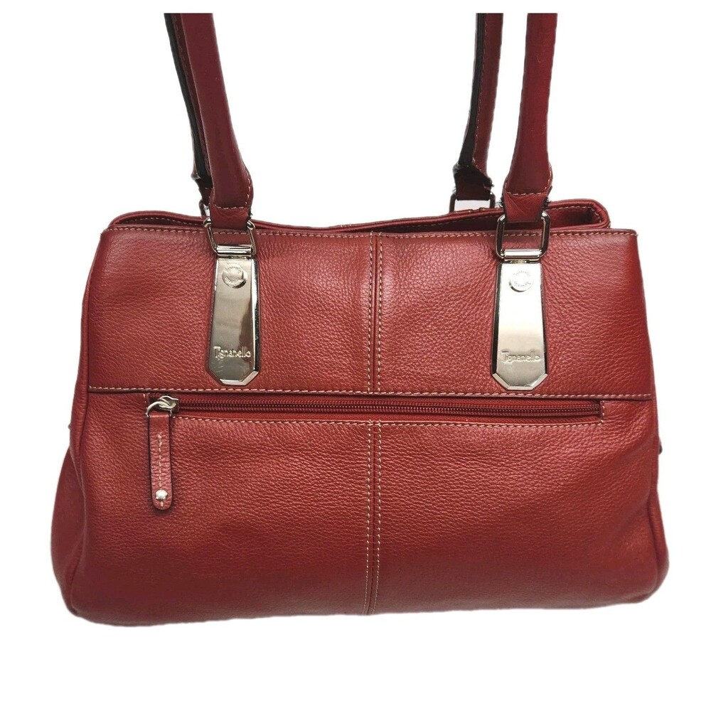 Tignanello Purse Red Leather Handbag Double Handle Bottom Stud Organizer Pockets